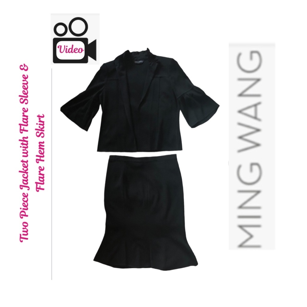 Ming Wang Set Jacket & Skirt With Flare Sleeves & Hem
